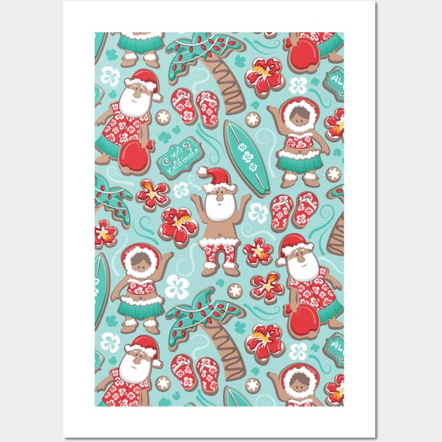 Mele Kalikimaka Hawaiian Christmas gingerbread cookies // pattern // aqua background Wall Art by SelmaCardoso